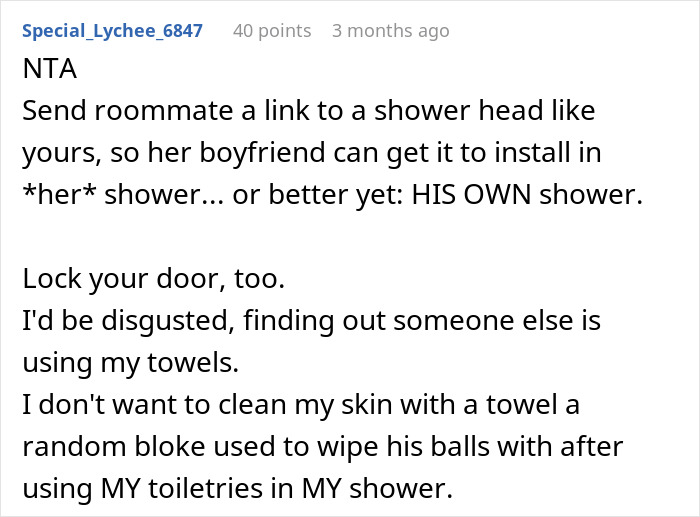 Text post showing a woman annoyed at roommate’s boyfriend for using her shower and personal towels. Text post showing a woman annoyed at roommate’s boyfriend for using her shower and personal towels.