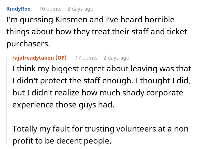 Reddit discussion screenshot showing comments about non-profit employee trust and corporate experience concerns.