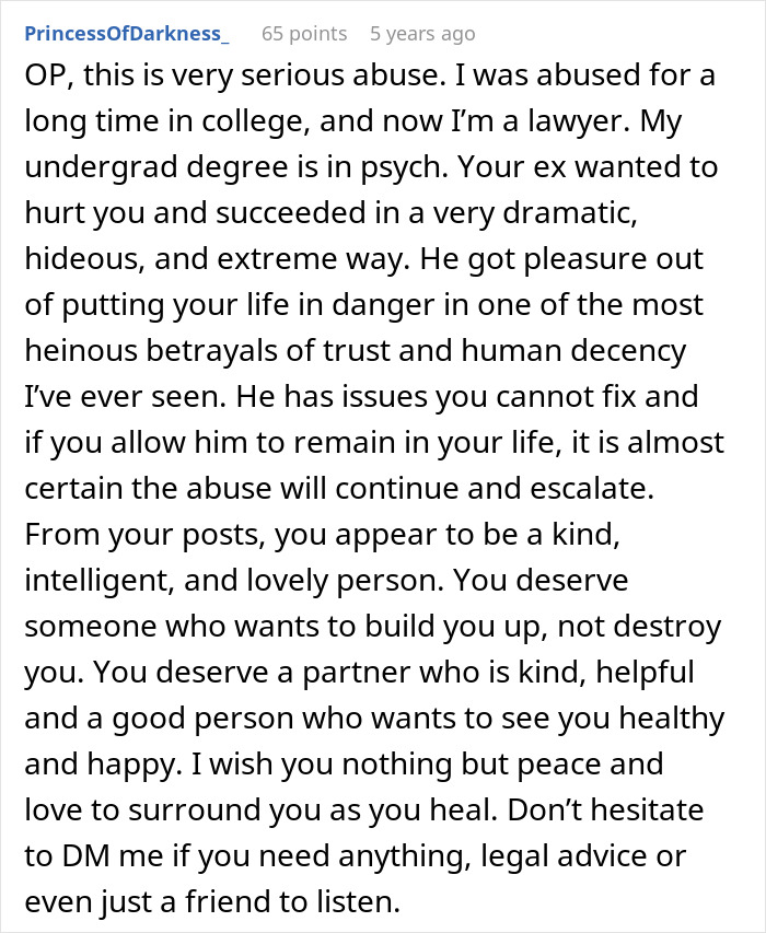 Comment warning about serious abuse and toxic relationship behavior, discussing emotional harm and support advice.