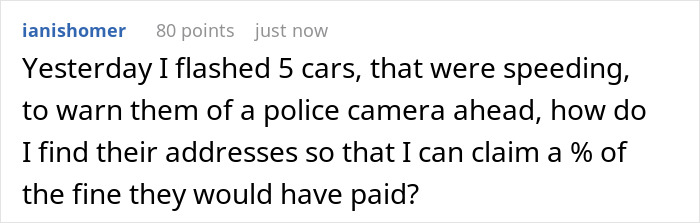 Screenshot of a Reddit post where a user asks about claiming a percentage of speeding fine addresses.