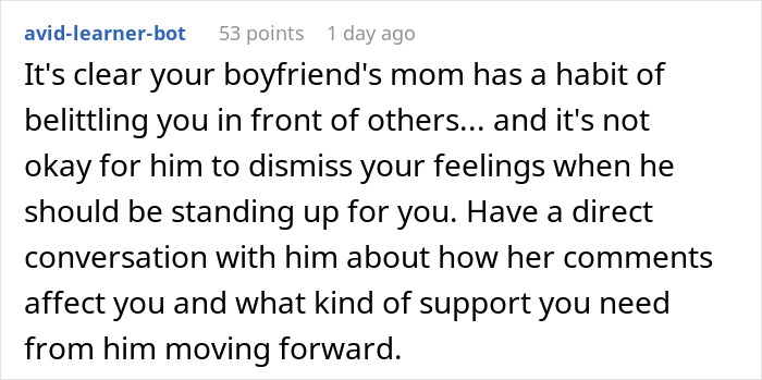 Text comment about a woman being belittled by boyfriend&rsquo;s mom and advice to have a direct conversation for support.
