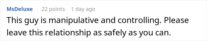 Screenshot of a comment warning about a manipulative and controlling boyfriend in a troubling relationship situation. Screenshot of a comment warning about a manipulative and controlling boyfriend in a troubling relationship situation.