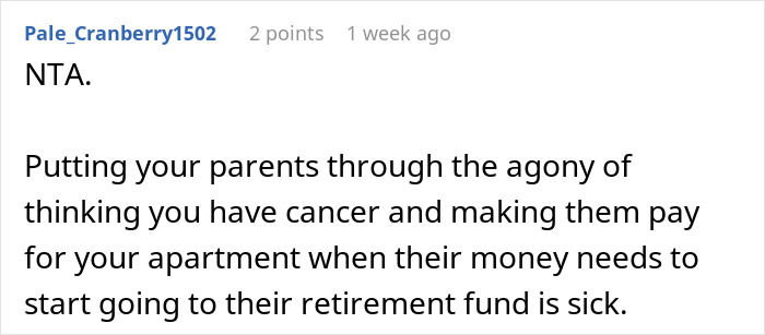 Screenshot of a Reddit comment discussing exposing a sister’s fake cancer and its impact on their parents. Screenshot of a Reddit comment discussing exposing a sister’s fake cancer and its impact on their parents.