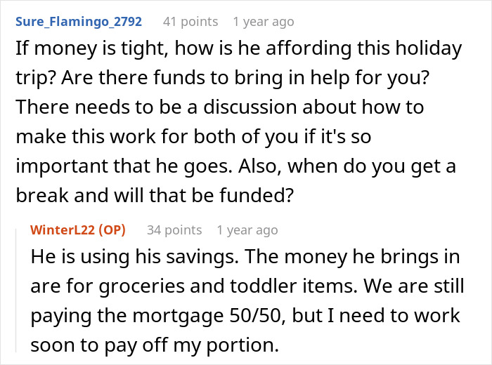 Screenshot of an online discussion where a married couple is moving houses and the husband leaves responsibilities to the wife while traveling.