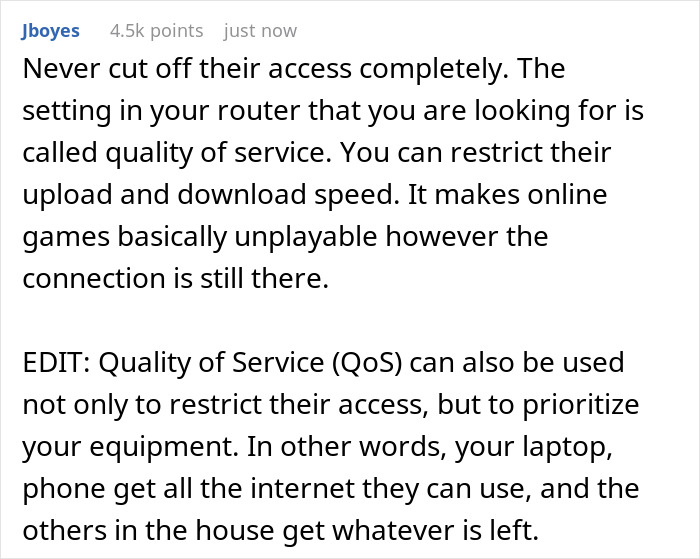 Text explaining quality of service settings in a router to limit upload and download speed during gaming marathons.