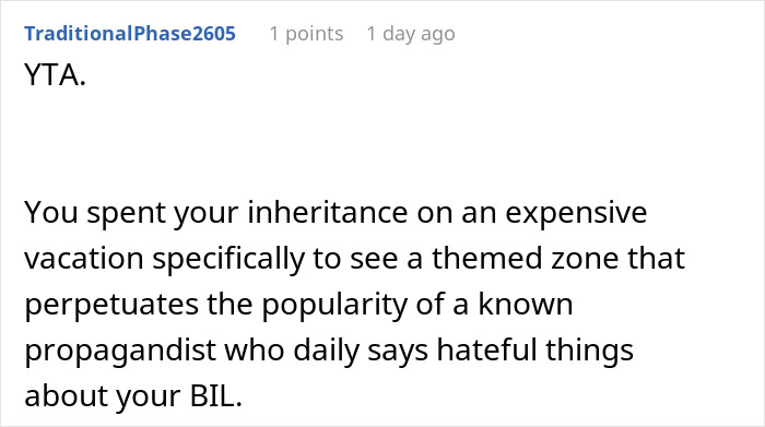 Screenshot of a forum comment accusing a man of supporting transphobia by visiting the Harry Potter Wizarding World.