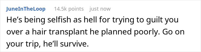 Screenshot of a social media comment criticizing a husband for demanding his wife cancel plans over hair transplant surgery.