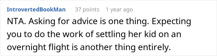 Screenshot of a Reddit comment discussing rebooking a flight to avoid babysitting a niece during an overnight trip. Screenshot of a Reddit comment discussing rebooking a flight to avoid babysitting a niece during an overnight trip.