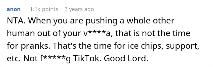 Screenshot of a furious man&rsquo;s comment online reacting to being removed from the delivery room over an inappropriate prank.