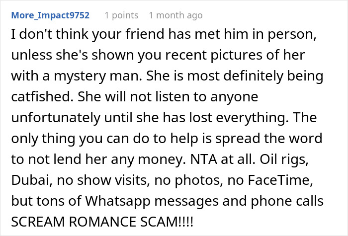 Woman warns coworker about a romance scam, but receives silent treatment and concern is dismissed. Woman warns coworker about a romance scam, but receives silent treatment and concern is dismissed.
