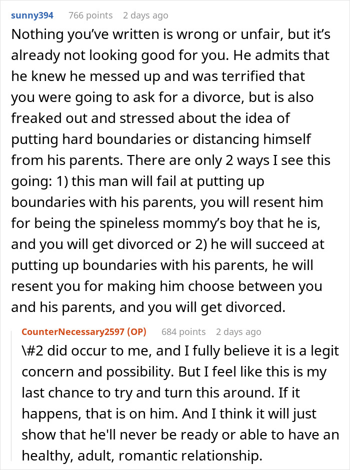 Text conversation discussing a man struggling with boundaries after skipping wife&rsquo;s first Mother&rsquo;s Day for his mom.