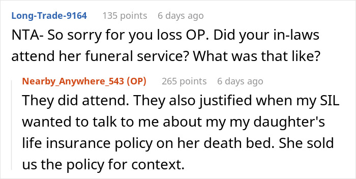 Reddit conversation about woman cutting contact with in-laws who didn't visit dying granddaughter and family conflicts.
