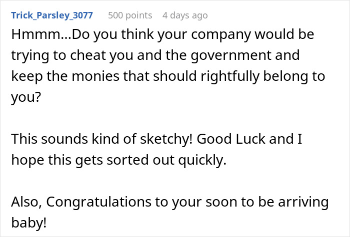 Comment discussing a company denying maternity leave and advising to address the issue quickly.