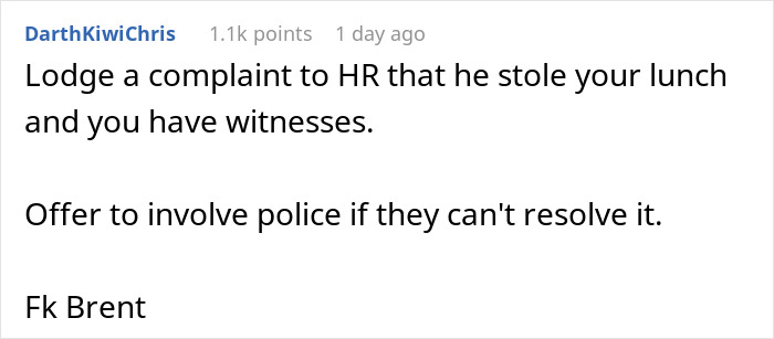 Reddit comment suggesting to report a coworker who steals spicy lunch and falsely accuses a woman of poisoning him. Reddit comment suggesting to report a coworker who steals spicy lunch and falsely accuses a woman of poisoning him.