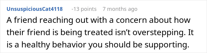 Comment discussing a friend upset about not being allowed to sleep in the same bed with a friend's girlfriend.