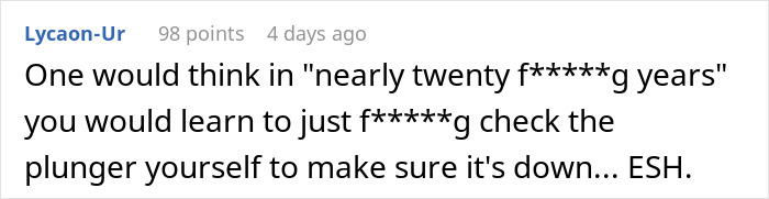 Comment discussing frustration over husband&rsquo;s bad memory related to plumbing maintenance and mention of cold shower threat.