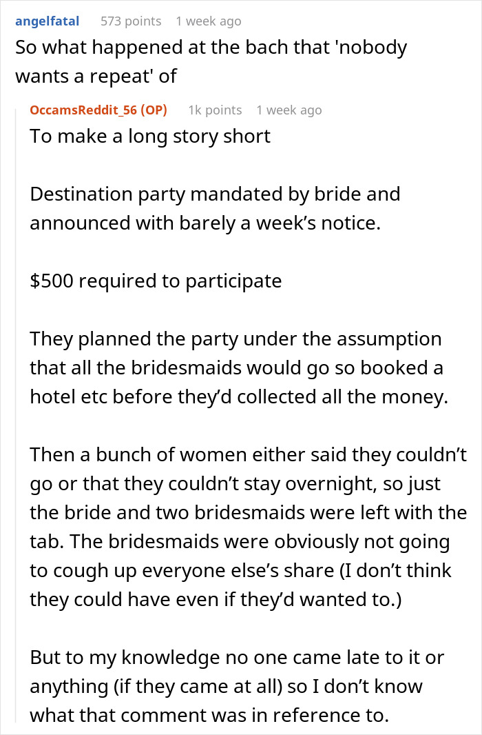 Reddit conversation discussing last-minute wedding shaming over a costly destination party with short notice and expenses.