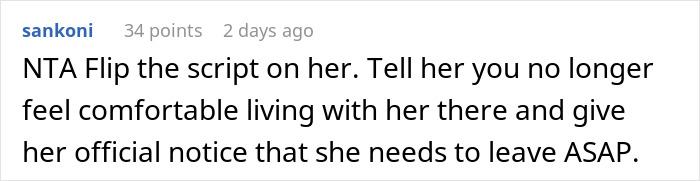 Screenshot of a Reddit comment advising to give official notice to tenant who made living conditions terrifying in inherited house.