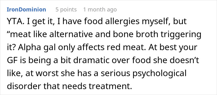 Comment discussing bone broth triggering allergies in a meat-allergic woman, questioning her vegetarian status.