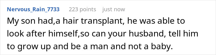 Comment discussing a husband demanding his wife cancel plans due to hair transplant surgery and calling him a man-child.