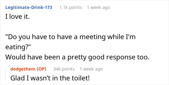 Screenshot of a Reddit conversation discussing boss demands for meetings during lunch breaks and related regrets. Screenshot of a Reddit conversation discussing boss demands for meetings during lunch breaks and related regrets.