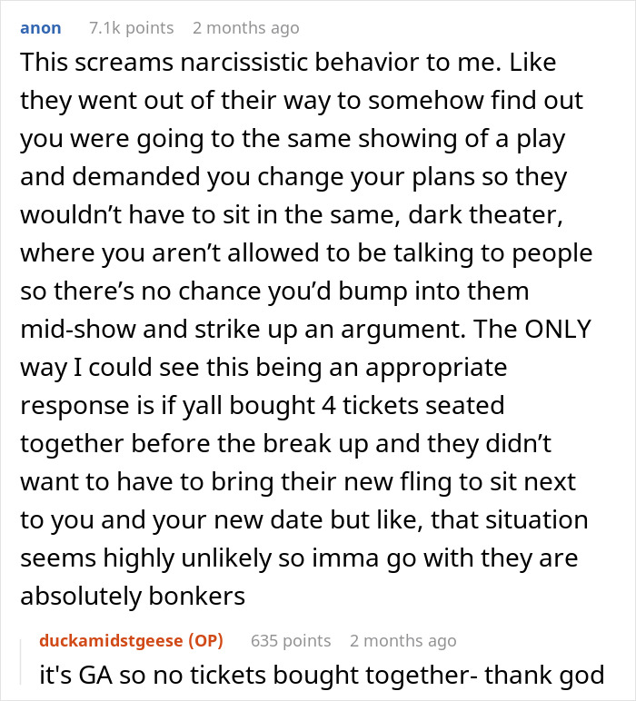 Comment highlighting narcissistic behavior from an ex after sending an immature text, sparking drama and conflict online.