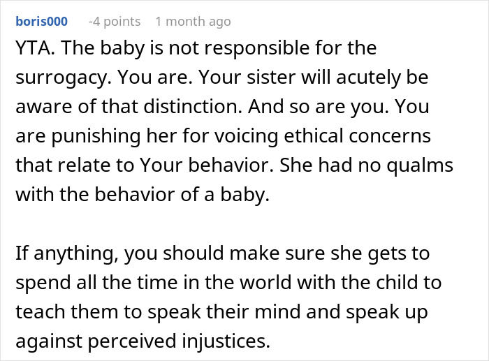 Comment discussing ethical concerns about surrogacy and family conflict over a brother&rsquo;s baby plans and visitation rights.