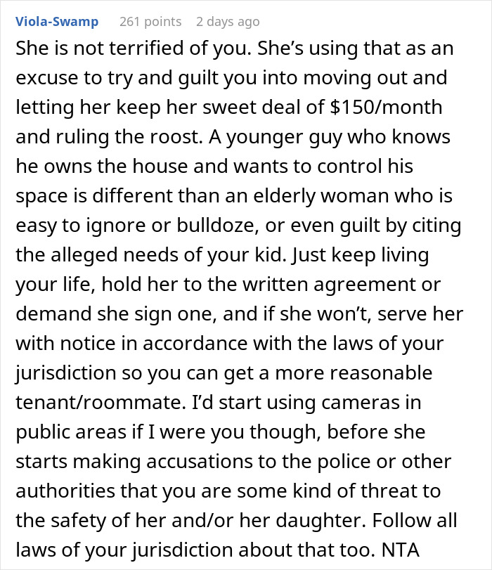Comment discussing a man inheriting a house and tenant conflicts about living conditions and control of the property.