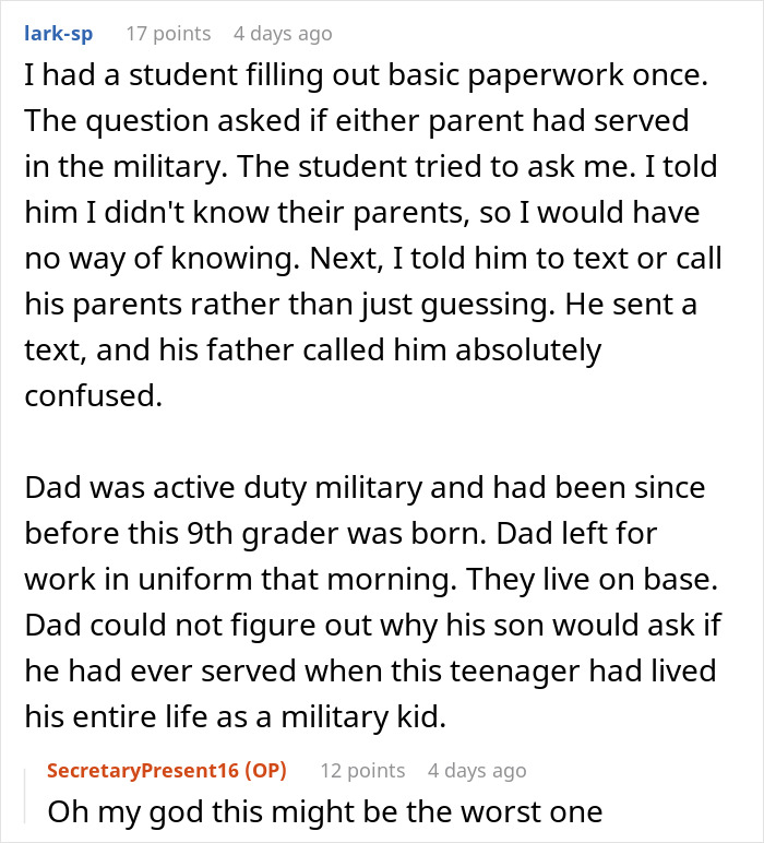 Student confused about parent's military service while filling out paperwork highlights high schoolers lack of knowledge concern. Student confused about parent's military service while filling out paperwork highlights high schoolers lack of knowledge concern.