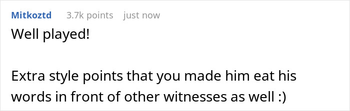 Comment on a forum expressing style points for making a friend eat his words during a wine sample insult in front of witnesses.