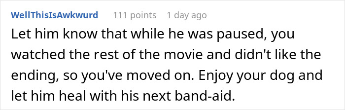 Text comment expressing frustration about a partner disappearing and the other adopting a dog despite allergies.