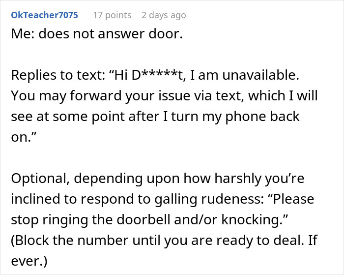 Screenshot of a text exchange showing a freelancer shutting down an entitled church member demanding free work.