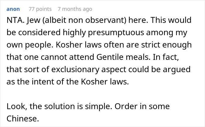 Comment discussing kosher wedding meals and the entitlement in paying $3,500 for kosher food at a family event.