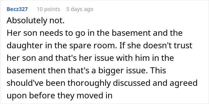 Screenshot of an online comment discussing a family dispute about living arrangements involving a 10-year-old and a girlfriend.