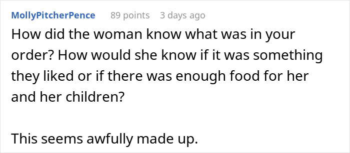 Screenshot of a Reddit comment questioning how a woman knew about another person's fast food order.