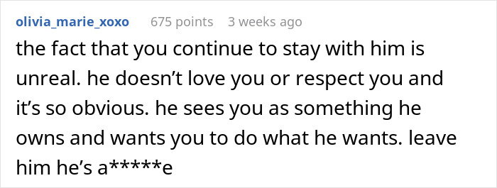 Screenshot of a social media comment addressing a guy waking up his girlfriend to yell at her for not wearing sexy clothes.