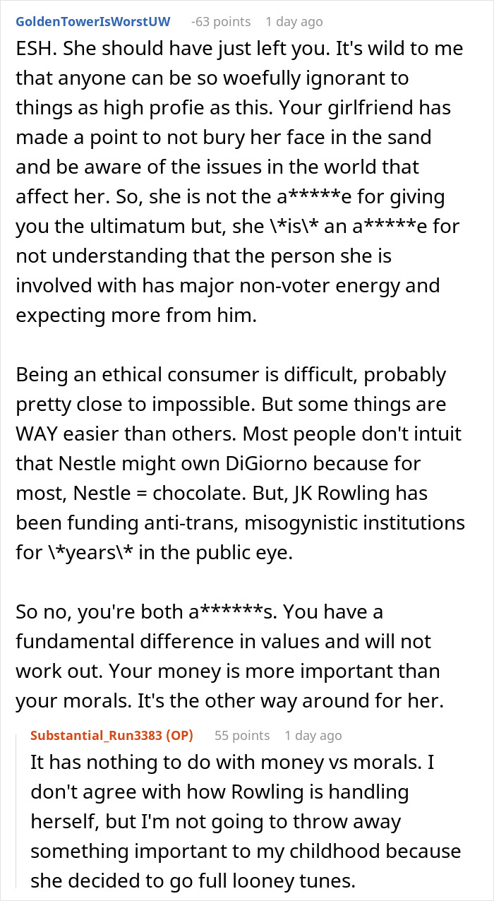 Screenshot of an online discussion about a man accused of supporting transphobia by visiting the Harry Potter Wizarding World.