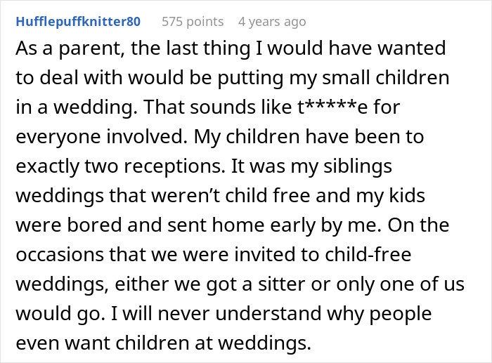 Comment discussing parents&rsquo; views on replacing kids with pets at weddings and the resulting family tensions.