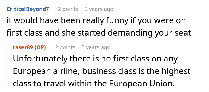 Screenshot of an online discussion about an entitled mother insisting on paying for an upgrade on a flight.