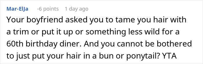 Screenshot of a Reddit comment discussing a woman refusing to cut her hair for boyfriend&rsquo;s mom&rsquo;s party.