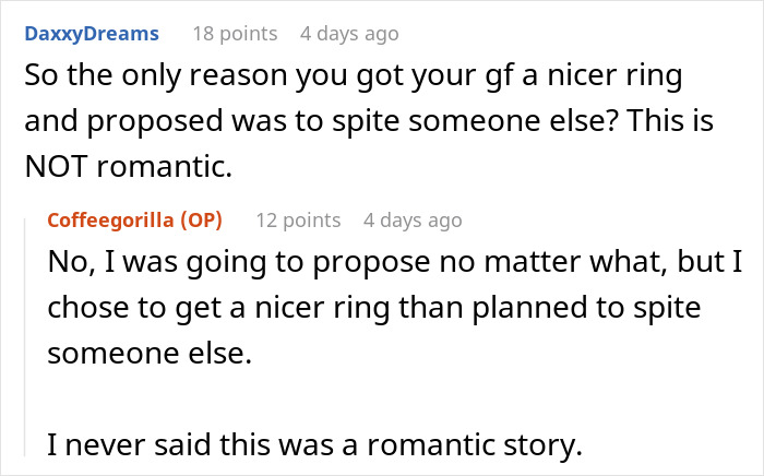 Reddit conversation about a man getting revenge by proposing with a better ring than girlfriend’s coworker. Reddit conversation about a man getting revenge by proposing with a better ring than girlfriend’s coworker.