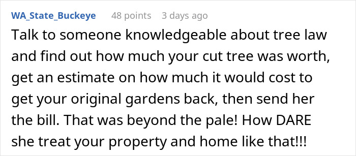 Comment about woman&rsquo;s garden landscaping by mother-in-law, discussing tree law and property damage costs estimate.