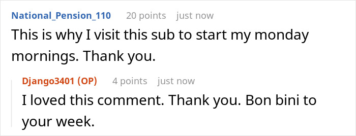 Screenshot of a friendly online conversation where a wine sample insult sparks positive and thankful replies.