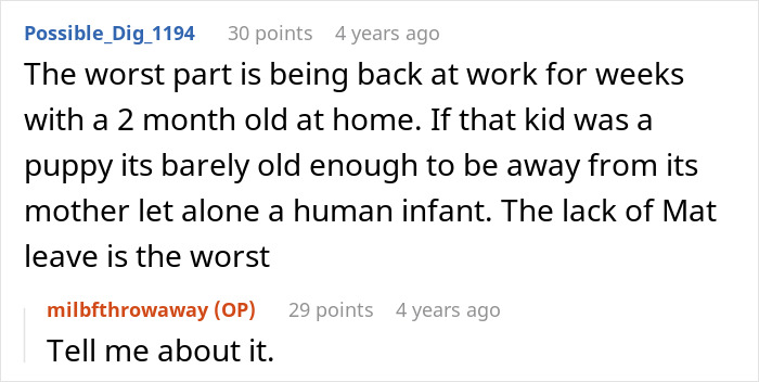 Screenshot of an online discussion about challenges of maternity leave and caring for a 2-month-old baby.