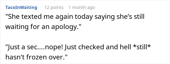 Commenter TacoInWaiting shares a message about waiting for an apology after tense family pregnancy discussion.