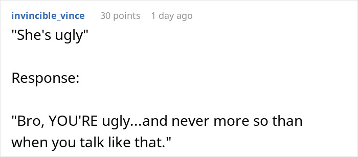 Screenshot of a Reddit comment where a user calls out another for insulting women while discussing dating influencer-like women. Screenshot of a Reddit comment where a user calls out another for insulting women while discussing dating influencer-like women.