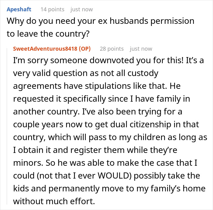 Reddit conversation about passport revocation and custody agreements stranding deadbeat ex at the airport.