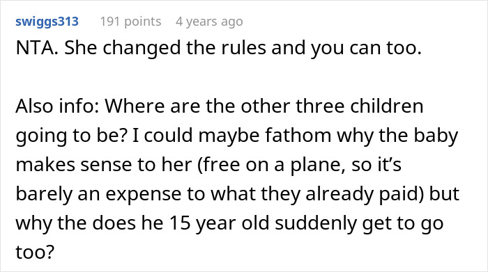 Comment discussing babysitting challenges and planning for a vacation without kids and managing family expectations. Comment discussing babysitting challenges and planning for a vacation without kids and managing family expectations.