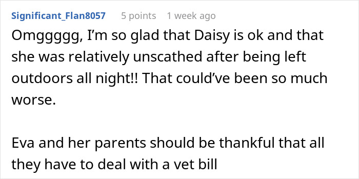 Forum user expressing relief that a cat named Daisy survived a night outdoors in a cat-sitter payment dispute.