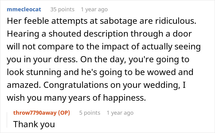 Text conversation showing support for a woman devastated as MIL&rsquo;s loud comments ruin the magic of her wedding dress surprise.